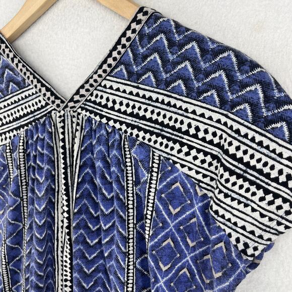 LUCKY BRAND Blouse M Chevron Double V-Neck Button Up Boho Tribal Cap Sleeve Blue - Picture 9 of 13